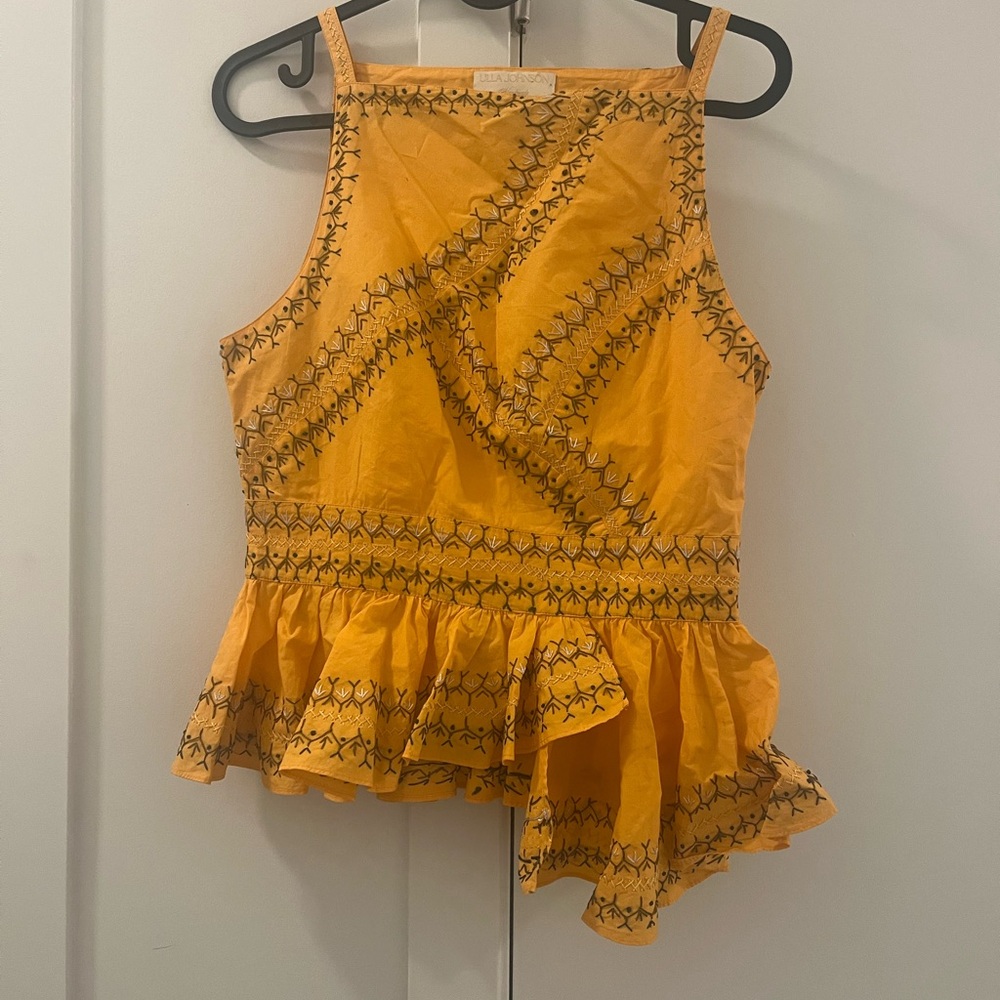 Ulla Johnson Embroidered Yellow Peplum Top
